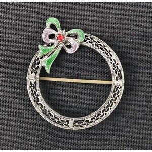 Vintage Sterling Silver Circle Bow Brooch Pin Solid 925 Silver Filigree